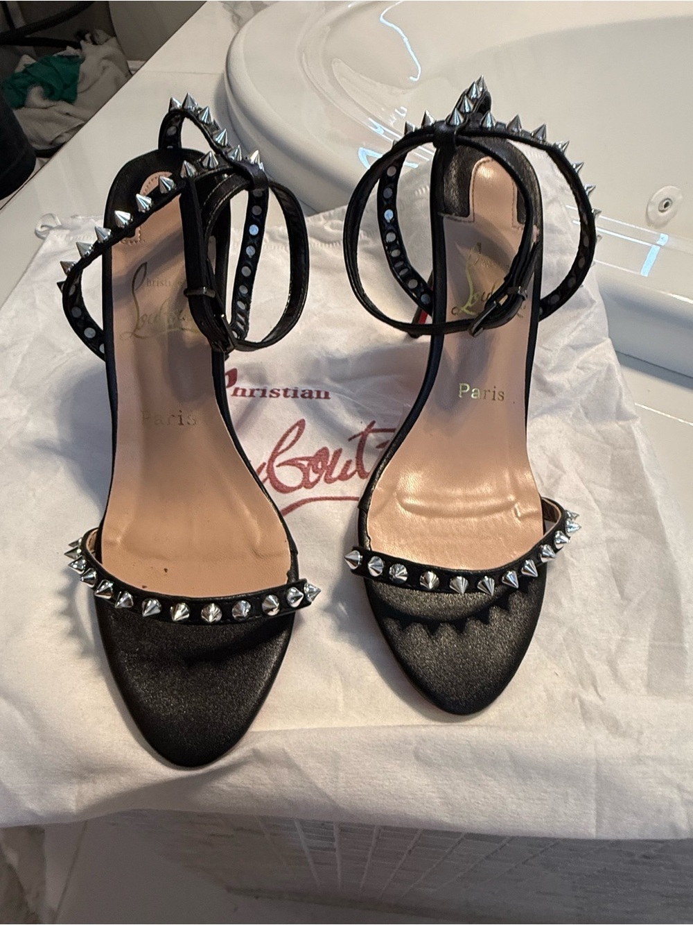 Christian Louboutin Black Satin Spike Ankle-Strap Heels